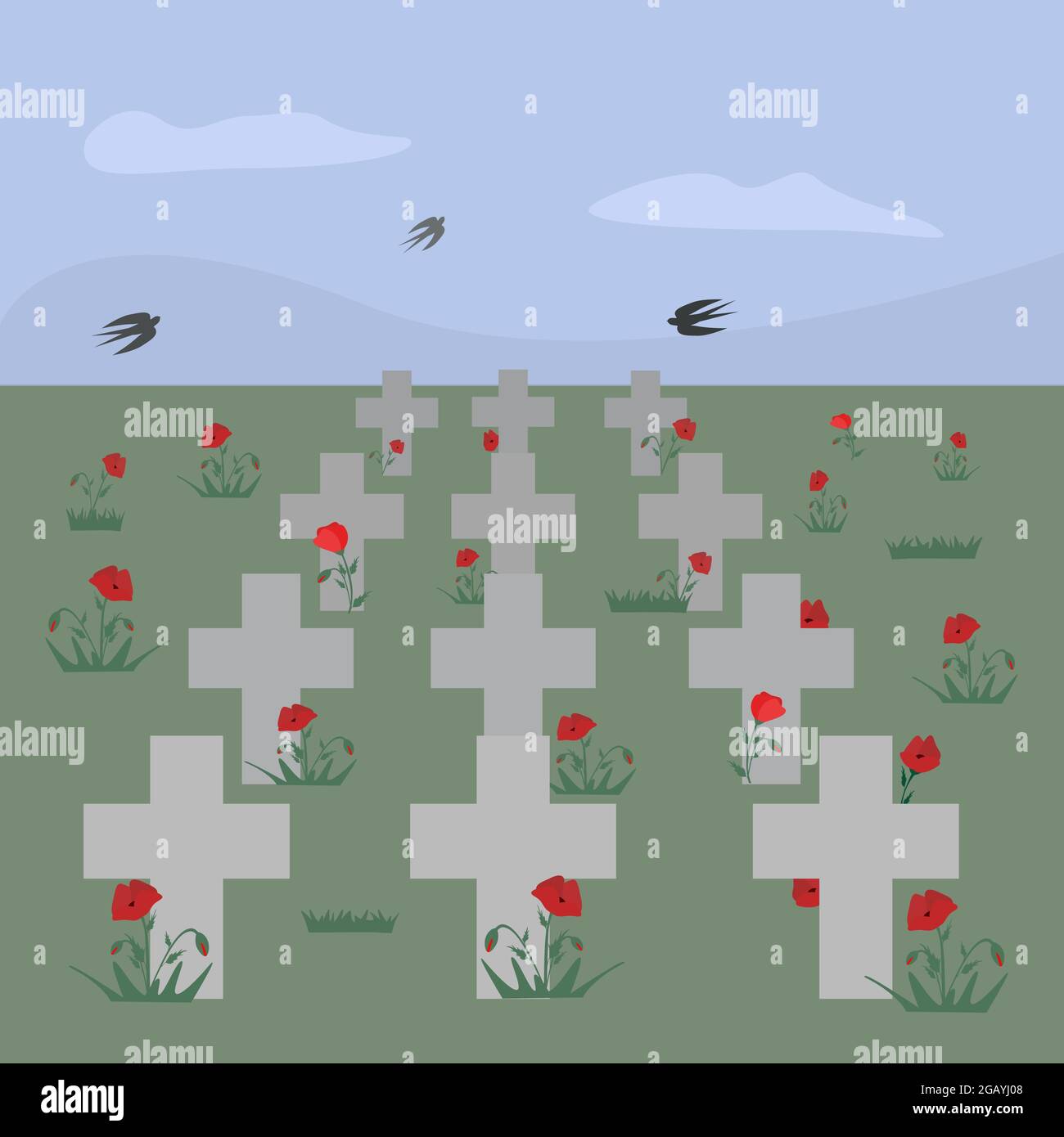 Friedhofskreuze mit Mohnblumen. Schwalben fliegen am Himmel. Poppy Field Vektorgrafik für Remembrance Day, Anzac Day Stock Vektor