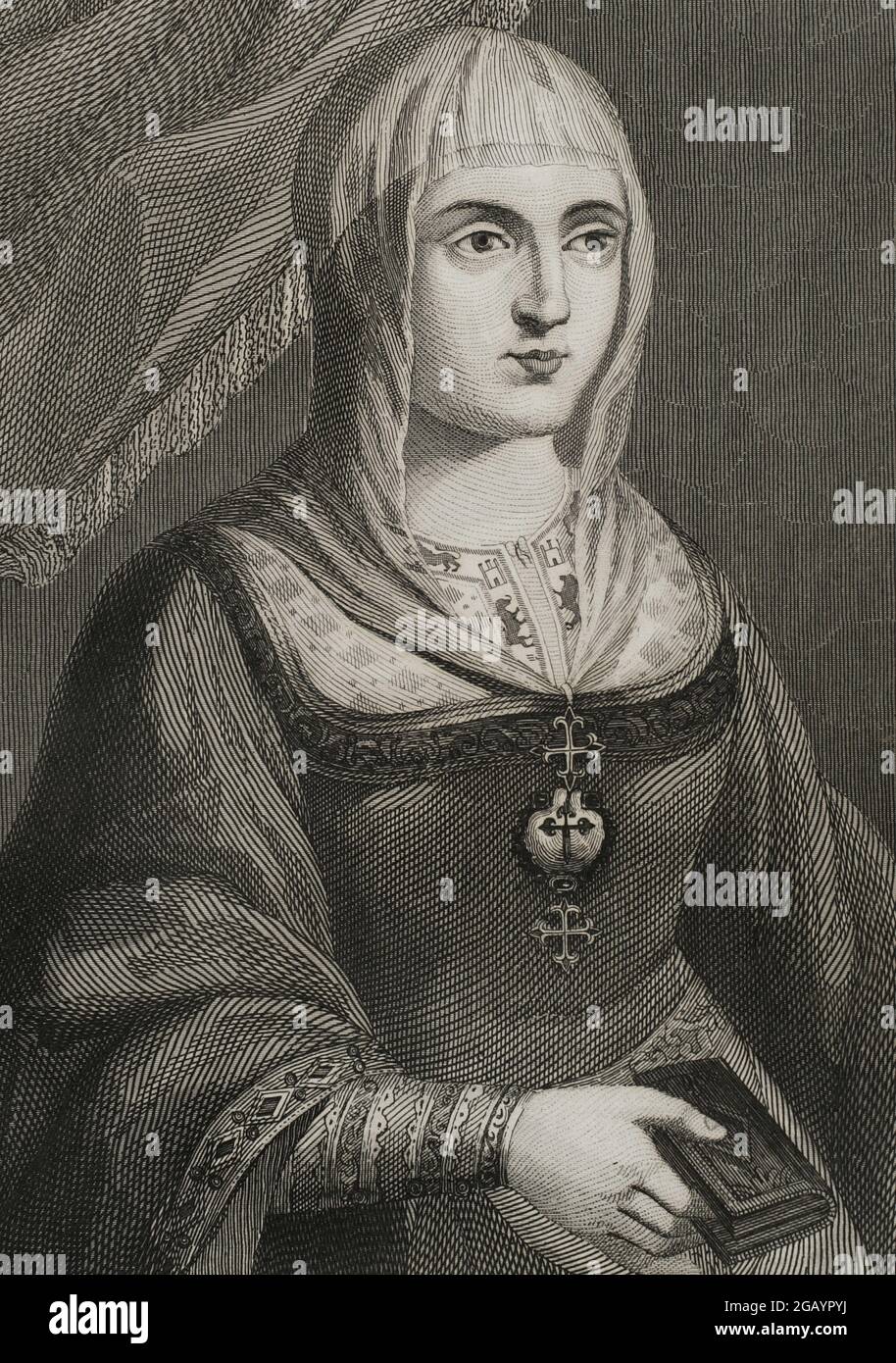 Isabella I. (1451-1504). Königin von Kastilien (1474-1504). Königin Gemahlin von Aragon für ihre Ehe mit Ferdinand II. Von Aragon. Hochformat. Stich von Antonio Roca Sallent. Las Glorias Nacionales, 1853. Autor: Antonio Roca Sallent (1813-1864). Spanischer Gravierer. Stockfoto