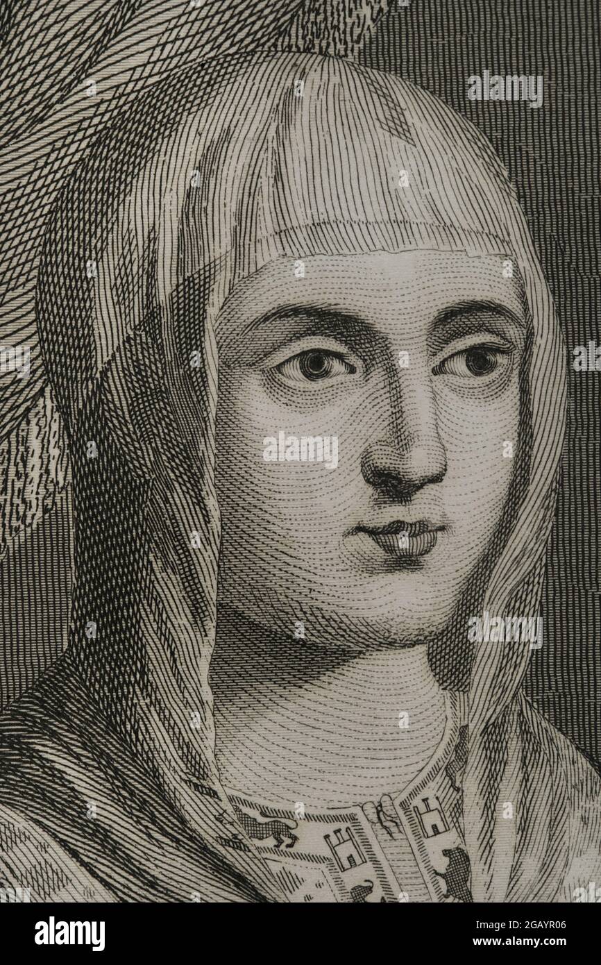 Isabella I. (1451-1504). Königin von Kastilien (1474-1504). Königin Gemahlin von Aragon für ihre Ehe mit Ferdinand II. Von Aragon. Porträt, Detail. Stich von Antonio Roca Sallent. Las Glorias Nacionales, 1853. Autor: Antonio Roca Sallent (1813-1864). Spanischer Gravierer. Stockfoto