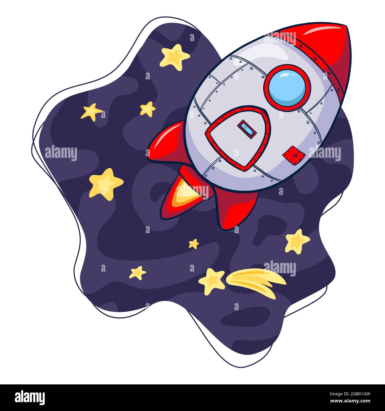 Rakete im Weltraum Cartoon Illustration. Raumschiff und Sterne. Raumschiff im Kosmos Illustration für Logo, Druck, Kinderzimmer Dekor, Web-Design, Banner, Flyer, Aufkleber, Karte Stock Vektor