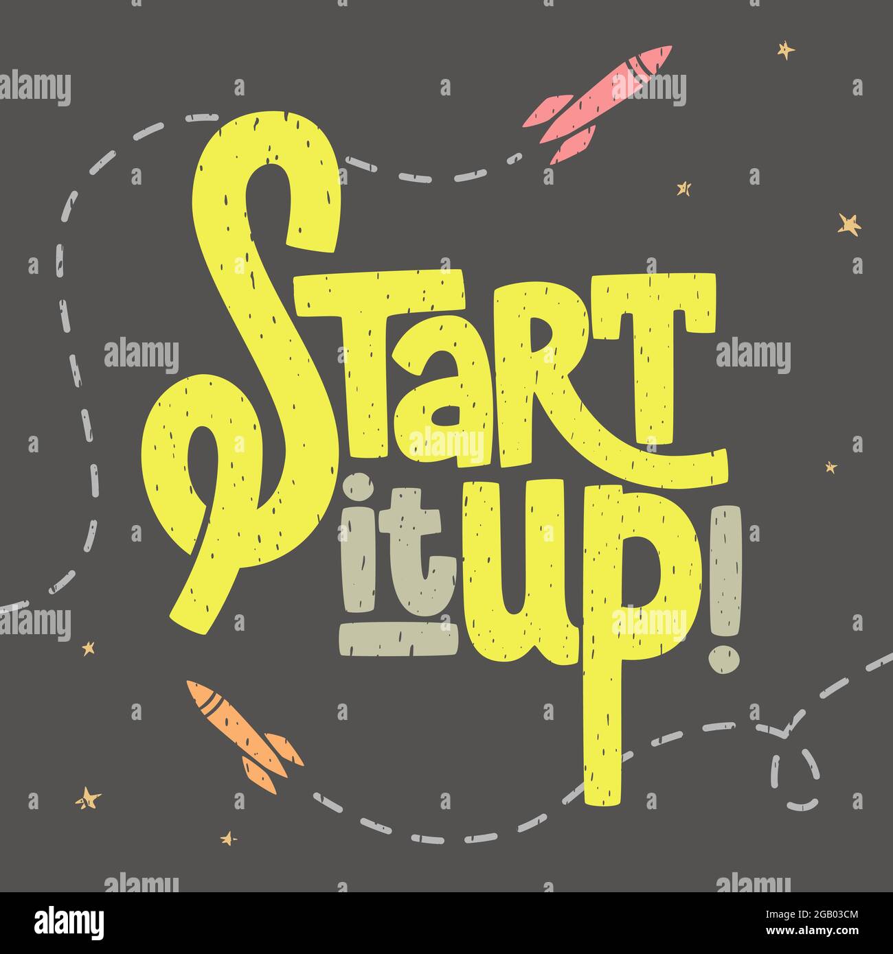 Start it up Texture Lettering mit Raketen und Sternen, Zeichen für Start-up, Start neuer, typografische Poster, Vektor-Konzept Stock Vektor
