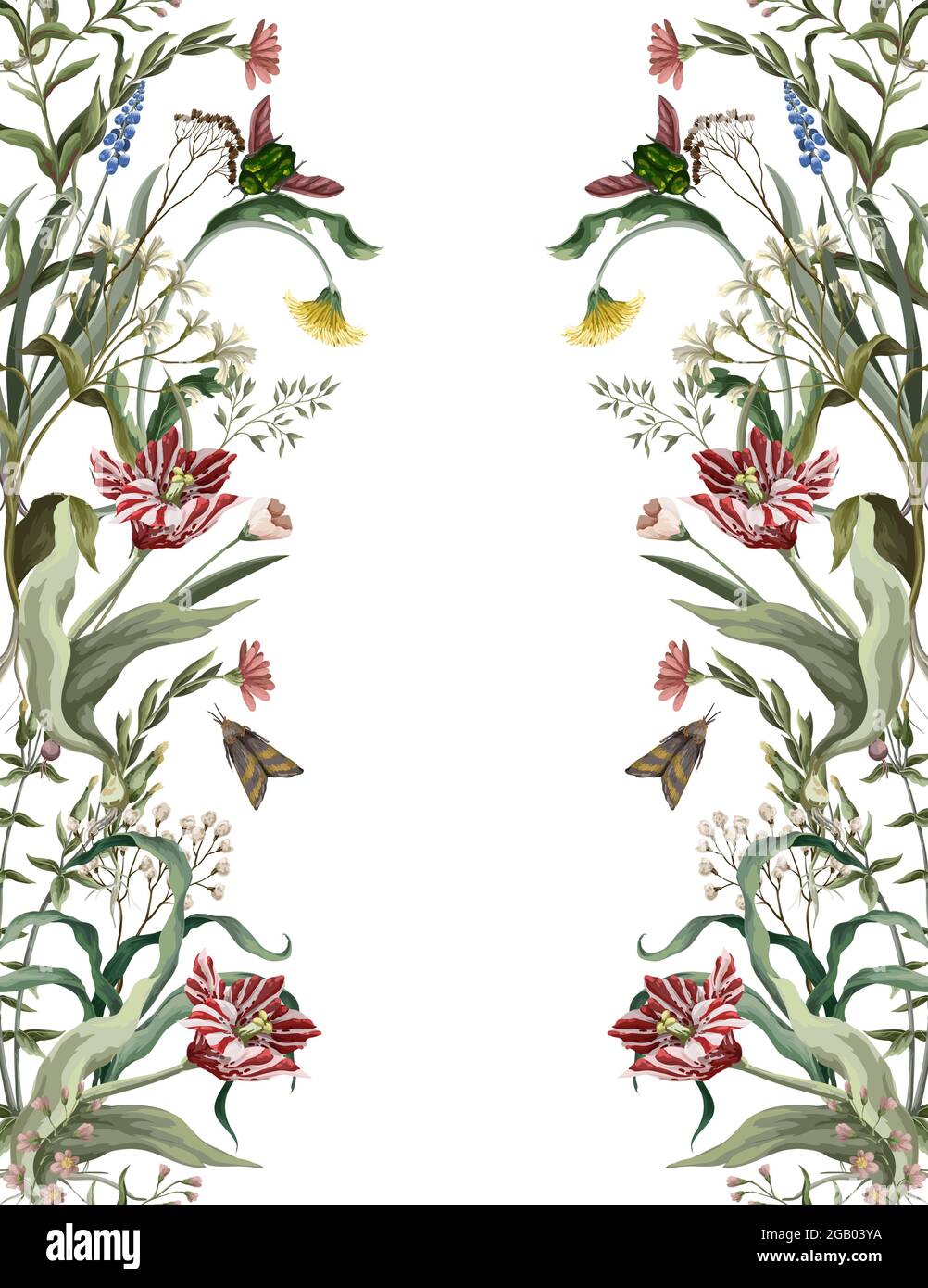 Nahtloses Muster mit wilden dünnen Blüten und Insekten. Trendiger botanischer Druck. Stock Vektor