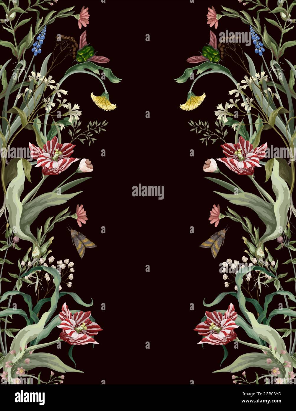 Nahtloses Muster mit wilden dünnen Blüten und Insekten. Trendiger botanischer Druck. Stock Vektor