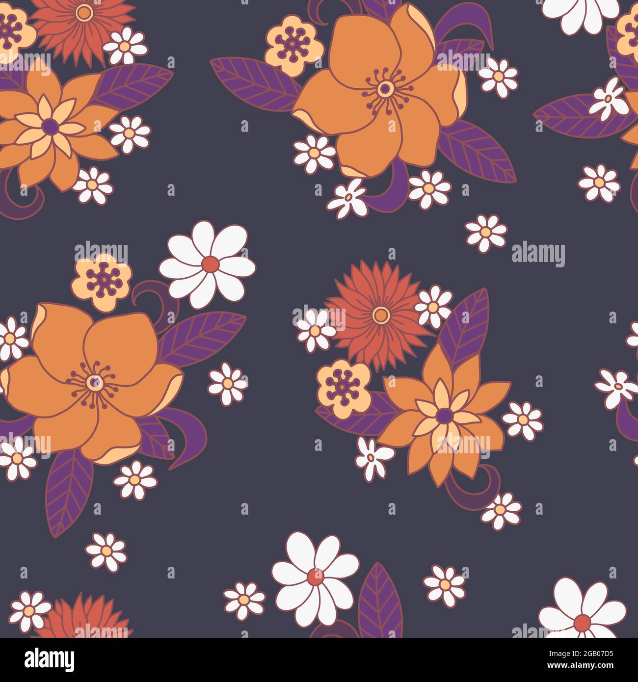 Nahtloses Muster mit schlichten Blüten. Hippie-Hippie mit Blumendruck der 60er Jahre. Stock Vektor