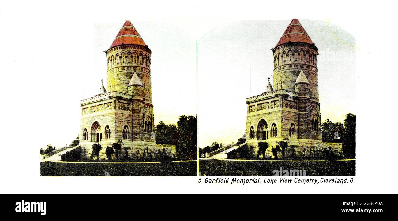Garfield, Lake View Cemetery. Cleveland Memorial, ca. Stereokarte aus den 1890er Jahren von Präsident James A, Garfield's Grab. Stockfoto