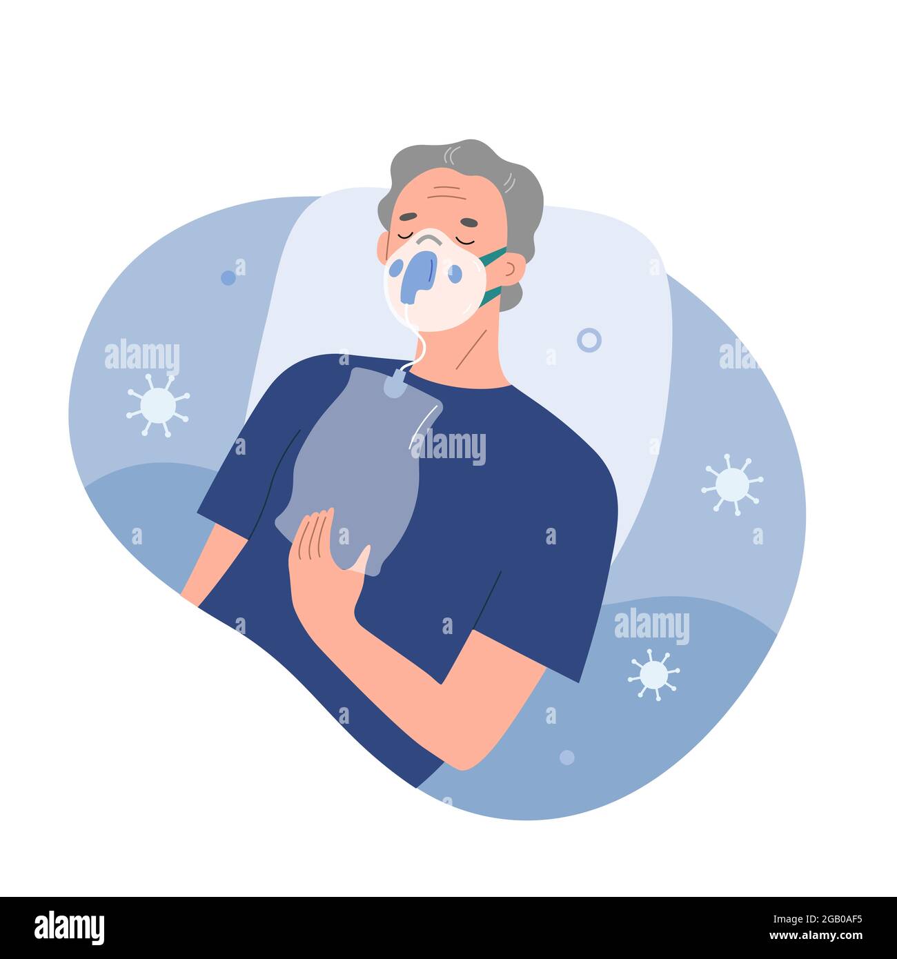 Patient erhält Sauerstofftherapie gegen covid-19 Hypoxämie, ältere Frau mit niedriger Sättigung trägt Einweg-Sauerstoffmaske, Vektor-Karikatur Stock Vektor