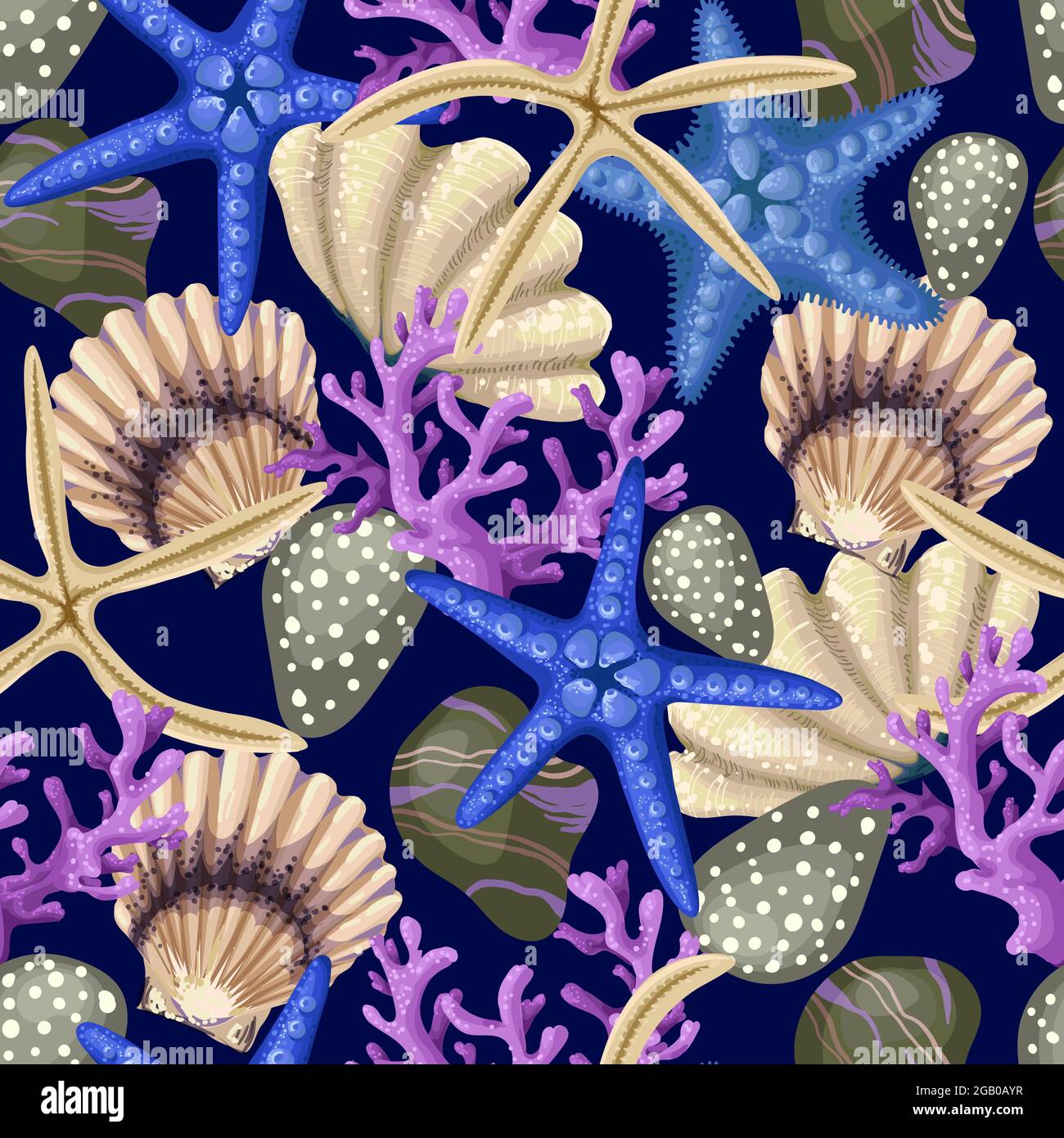 Nahtloses Muster mit Seesternen, Muscheln und Korallen. Vektor-Trenddruck. Stock Vektor