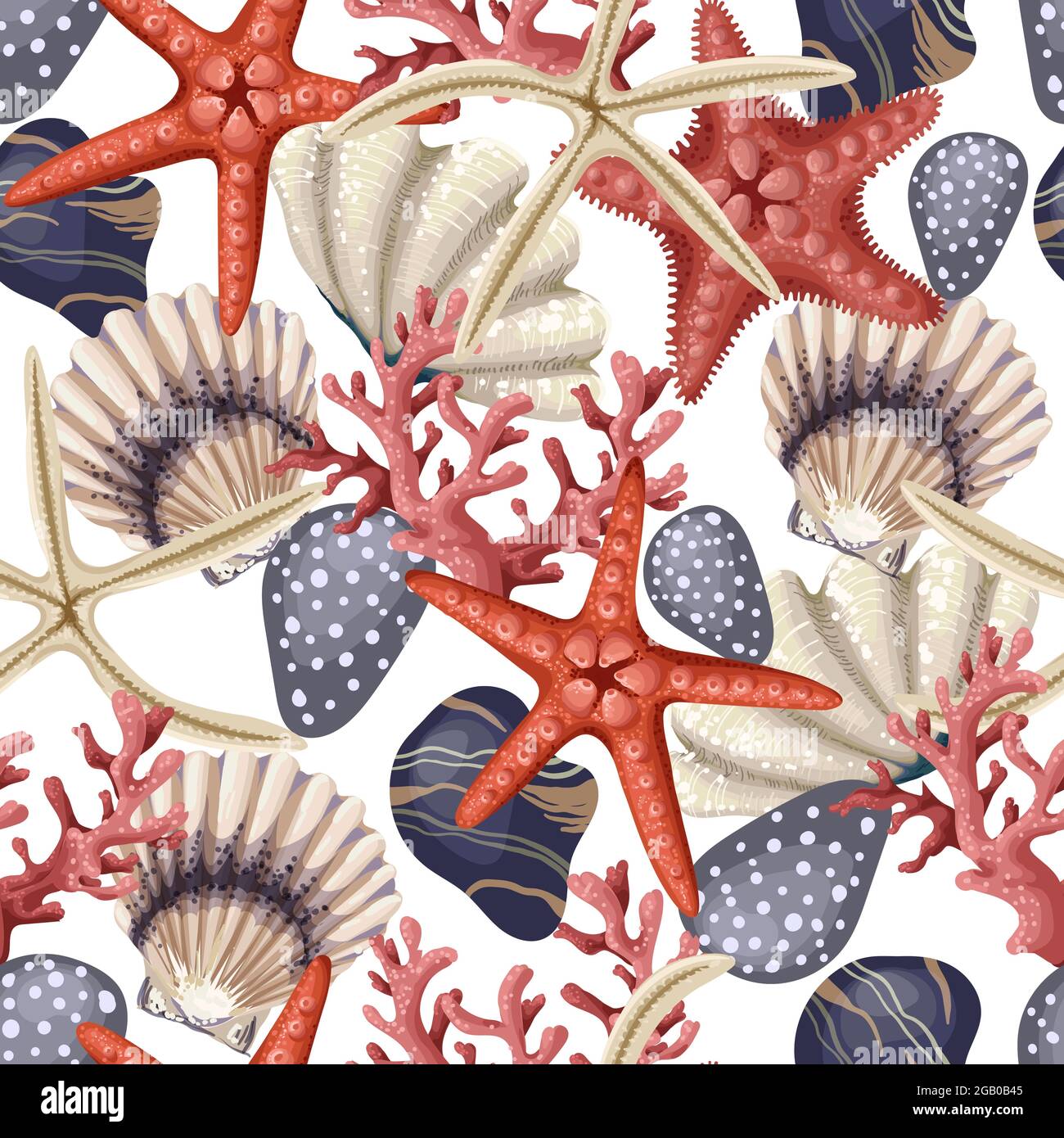 Nahtloses Muster mit roten Seesternen, Muscheln und Korallen. Vektor-Trenddruck. Stock Vektor
