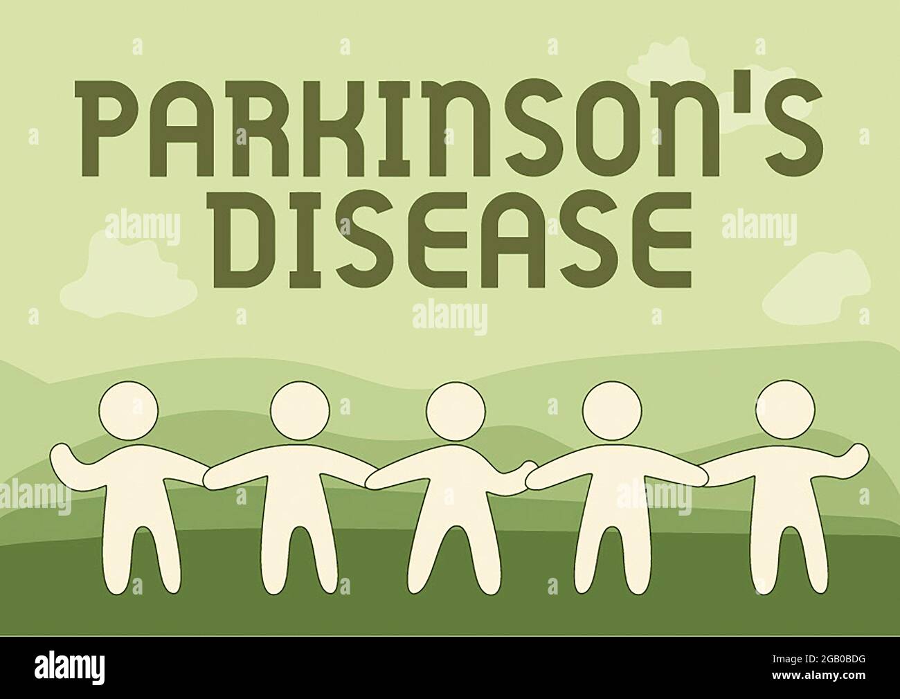 Handschriftzeichen Parkinson S ist Krankheit. Geschäftskonzept Störung des Nervensystems, die die Bewegung beeinflusst fünf stehende Personen ziehen Hände Stockfoto