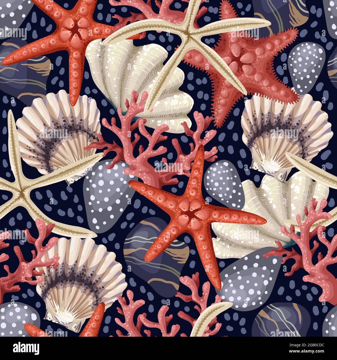 Nahtloses Muster mit roten Seesternen, Muscheln und Korallen. Vektor-Trenddruck. Stock Vektor