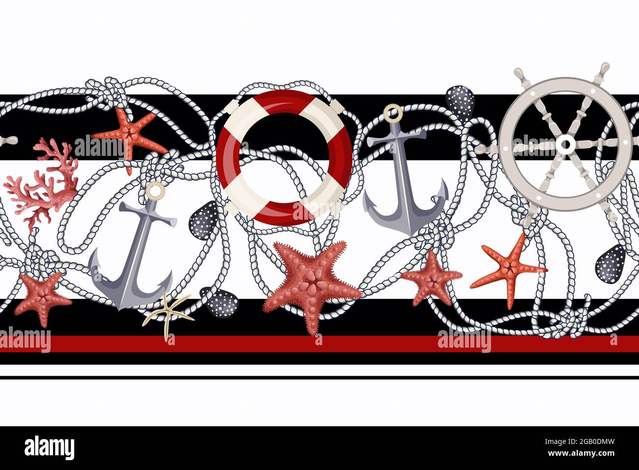 Grenze mit Seesternen, Ankern, Muscheln und Rettungsbojen. Vektor. Stock Vektor