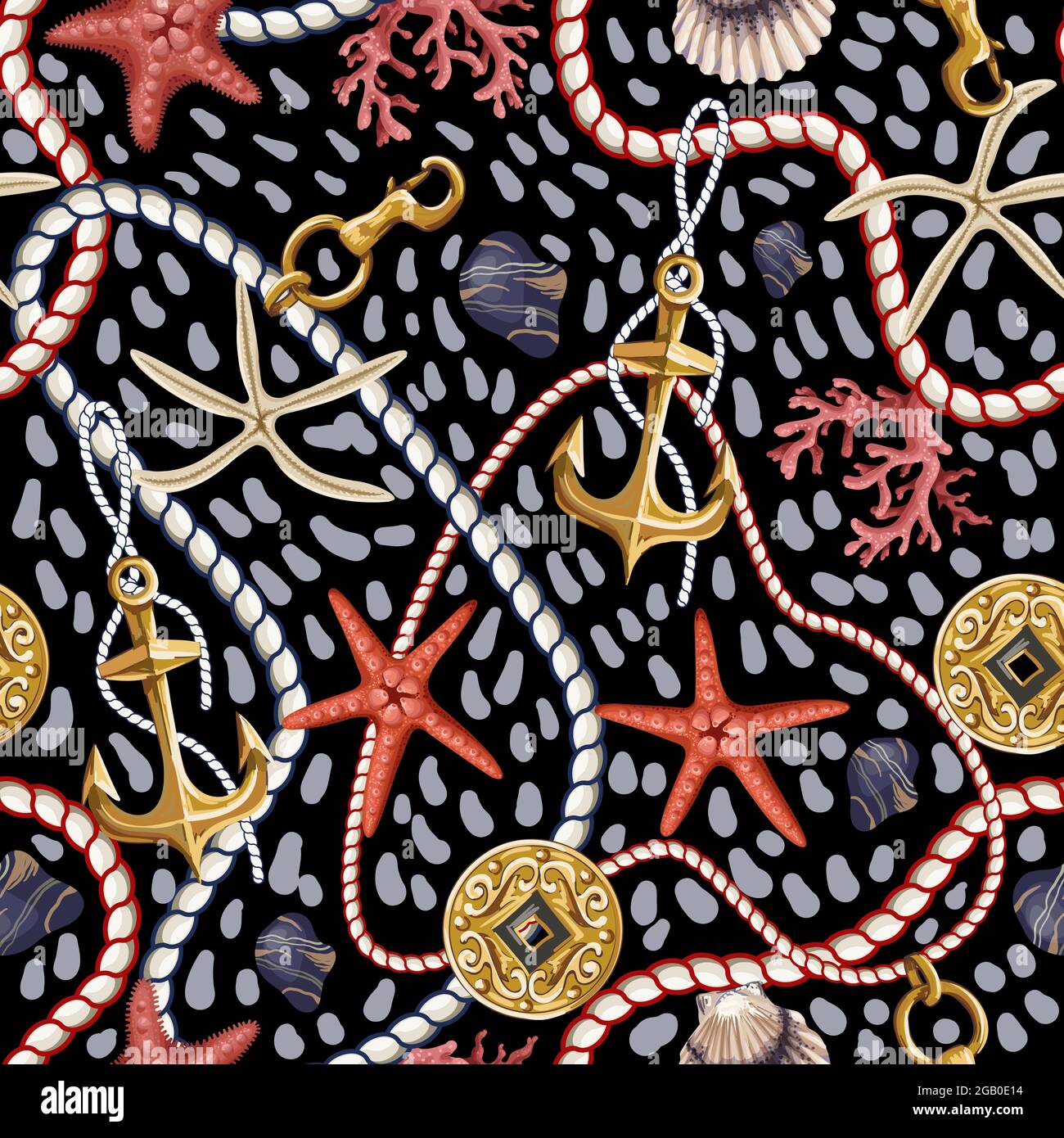 Nahtloses Muster mit Seesternen, Muscheln und Seil. Vektor-Trenddruck. Stock Vektor