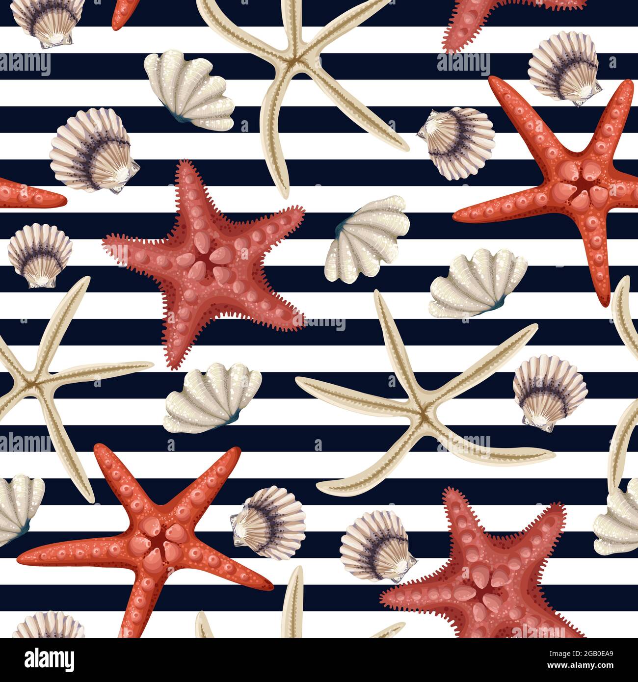 Nahtloses Muster mit roten Seesternen, Muscheln und Korallen auf gestreiftem Hintergrund. Trend-Vektorgrafik. Stock Vektor