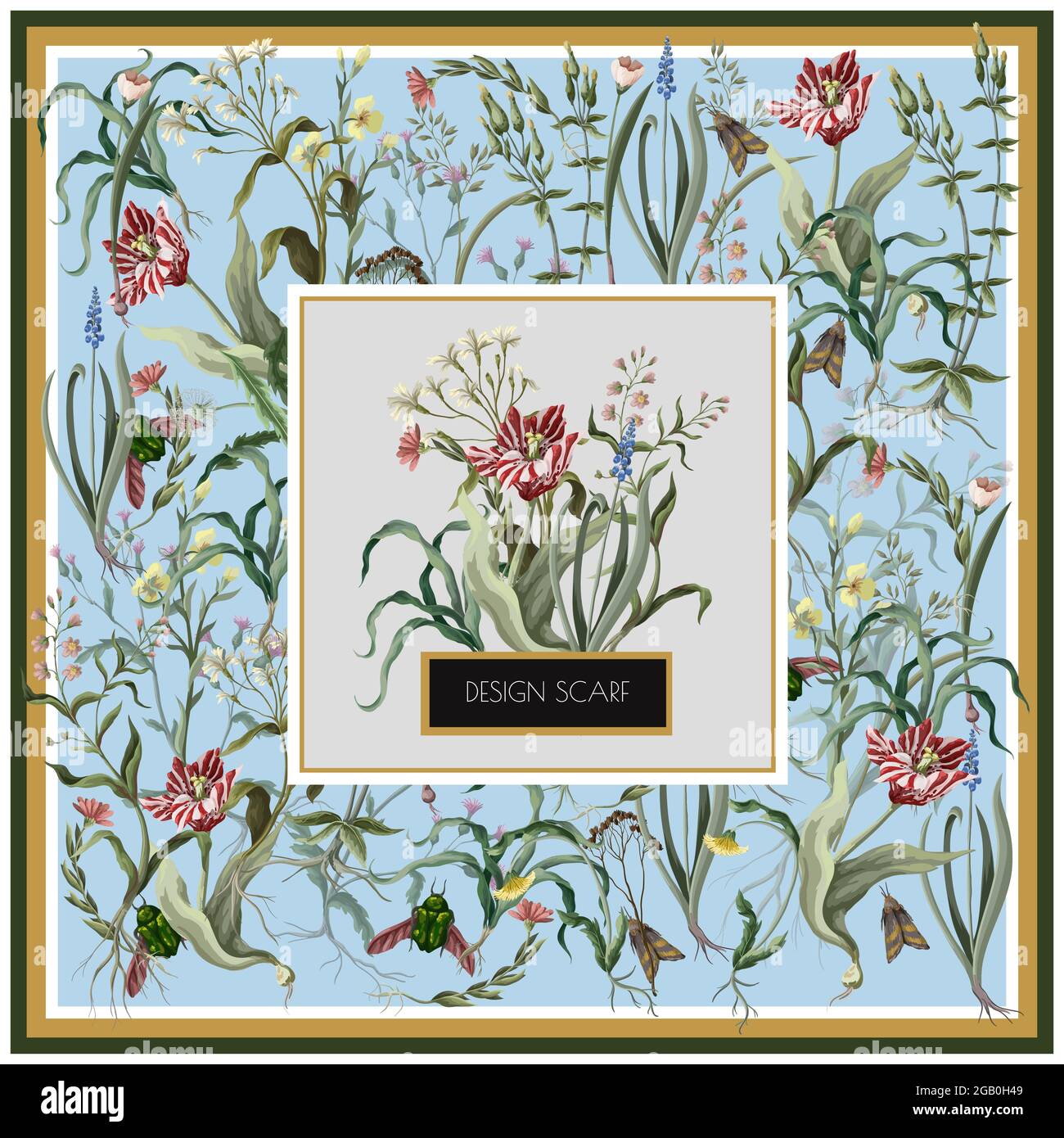 Design Schal mit wilden Blumen und Insekten. Trendiger Vektordruck. Stock Vektor