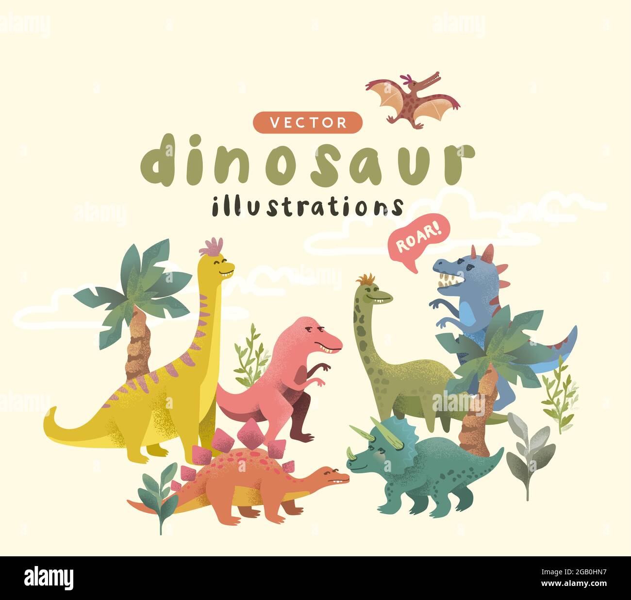 Sammlung von fröhlichen und bunten Geschichte dinosuar Zeichen. Vektorgrafik. Stock Vektor