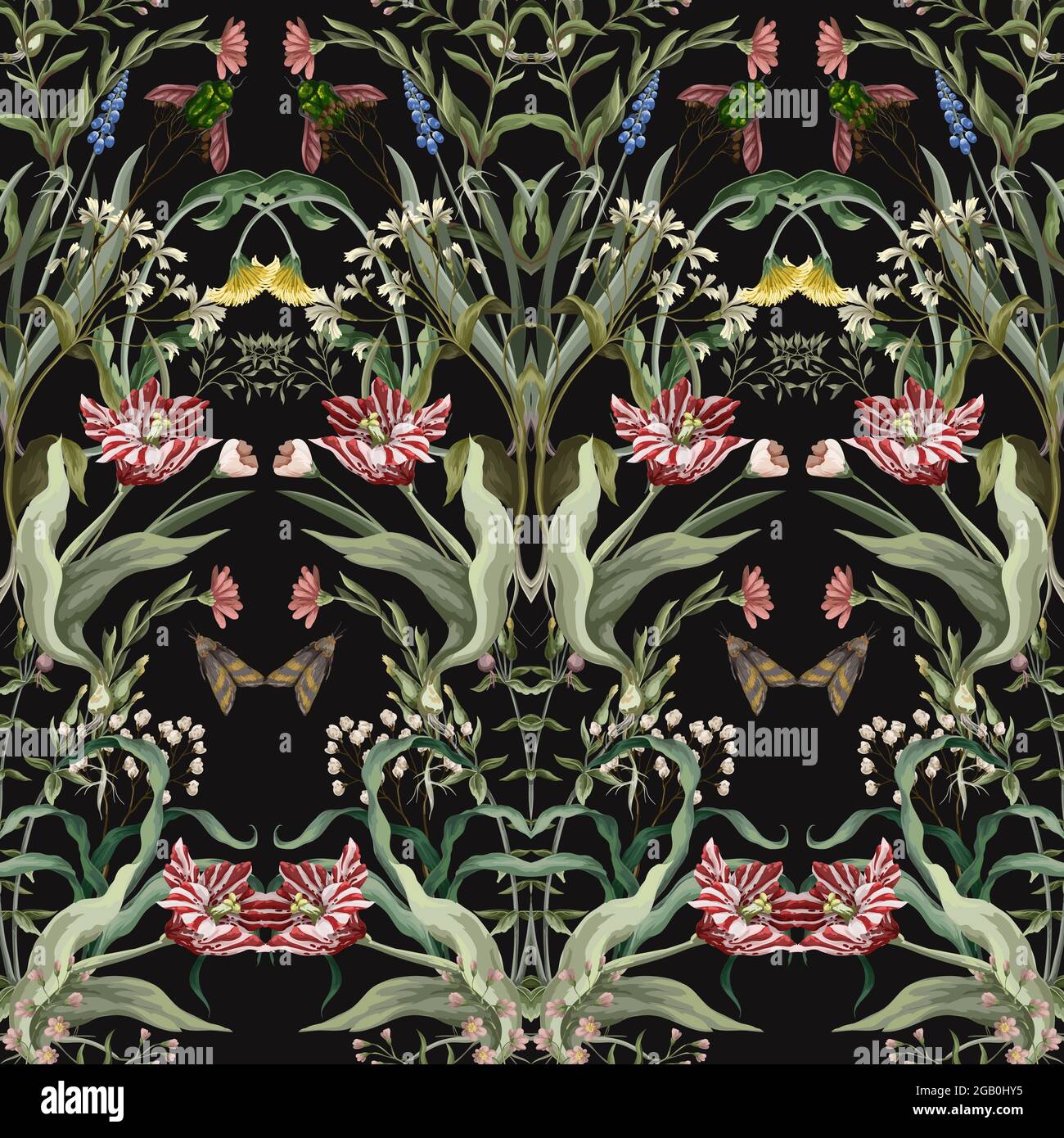 Nahtloses Muster mit wilden dünnen Blüten und Insekten. Trendiger botanischer Druck. Stock Vektor