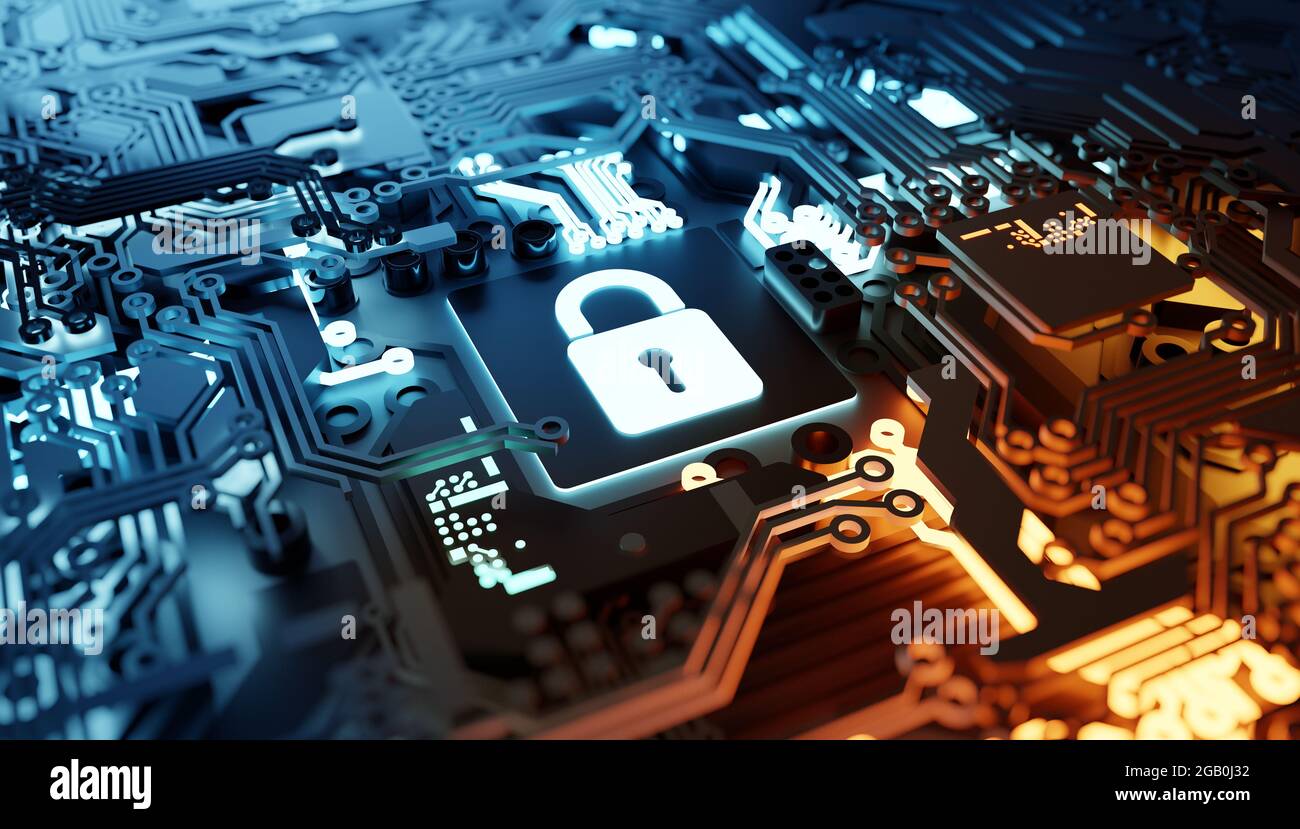 Digitale Cloud- und Netzwerksicherheit. Abbildung der 3D-Computerhardware. Stockfoto