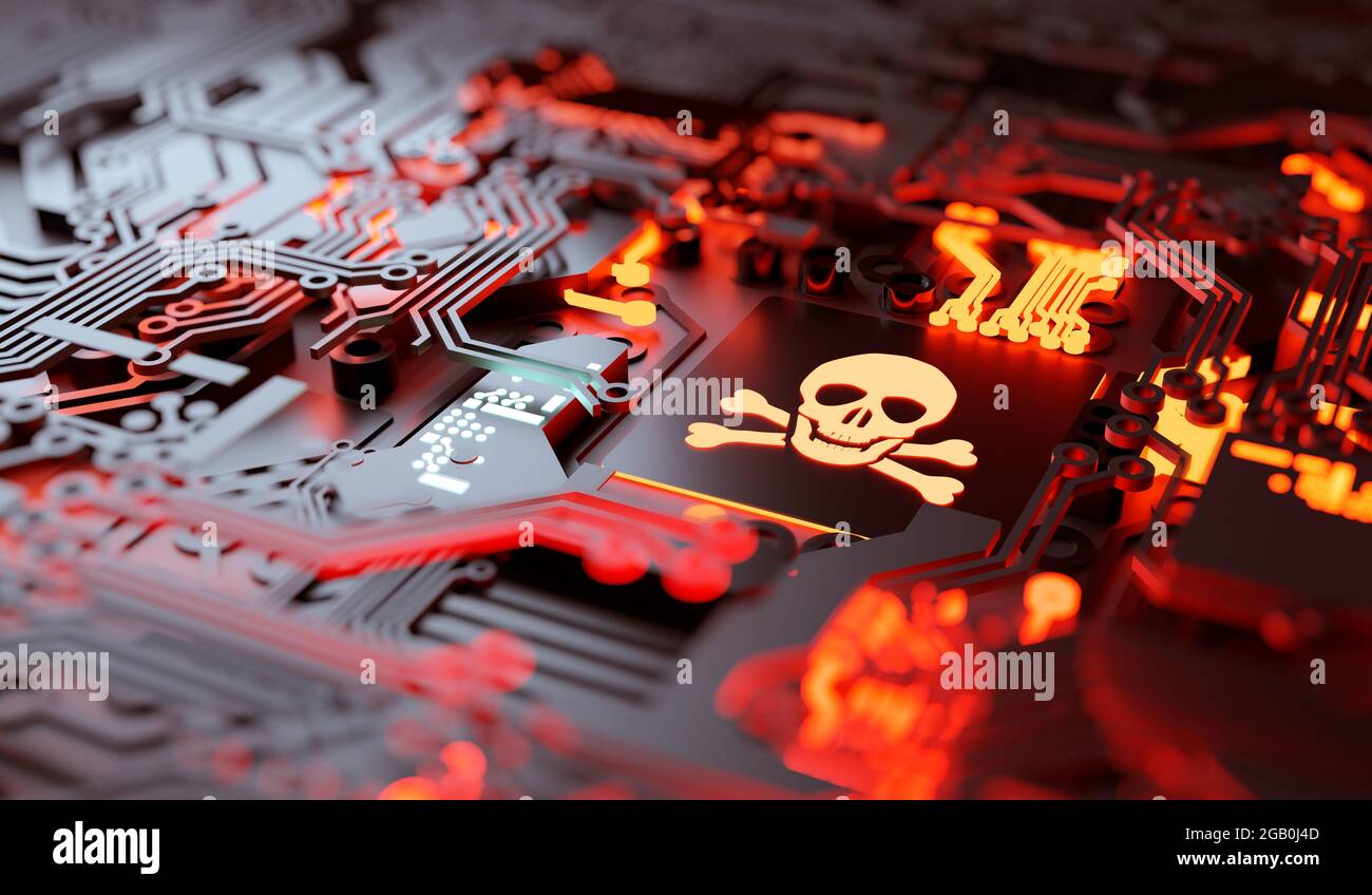 Anfällige Computer-Hardware gehackt und Netzwerk-Software digitale Cyberkriminalität Hintergrundkonzept. 3D-Illustration. Stockfoto