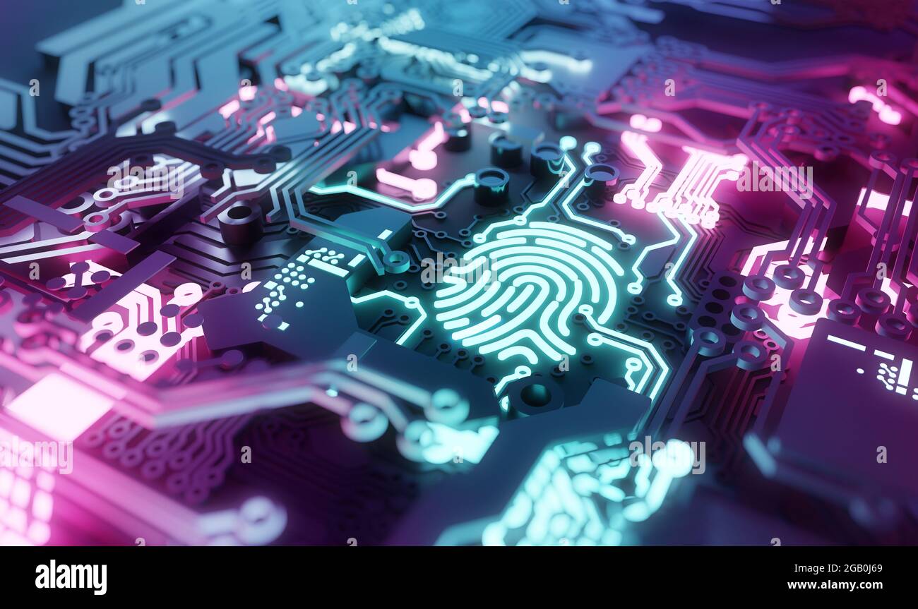 Digitales biometrisches Fingerabdruck-Sicherheitskonzept. Hardware für Online-Netzwerke und PCs mit persönlicher Identität. 3D-Illustration. Stockfoto