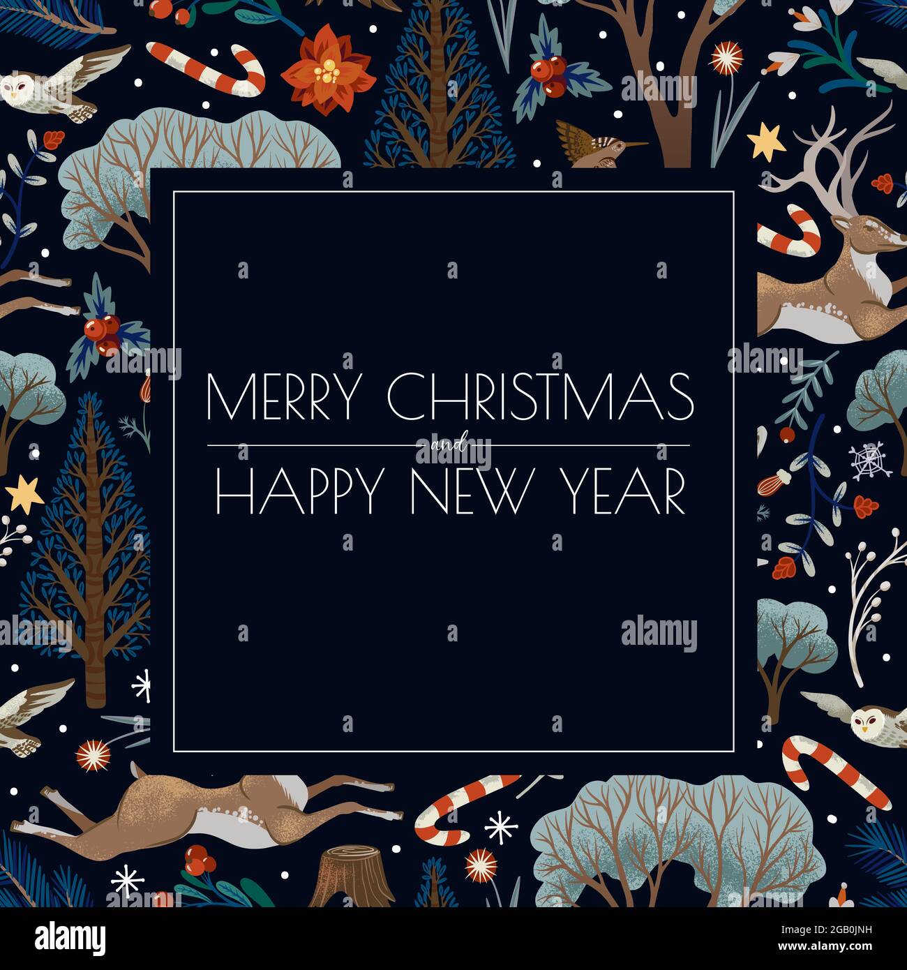 Grußkarte oder Poster mit Bäumen und Tieren. Vektorurlaub Hintergrund zum Drucken. Stock Vektor