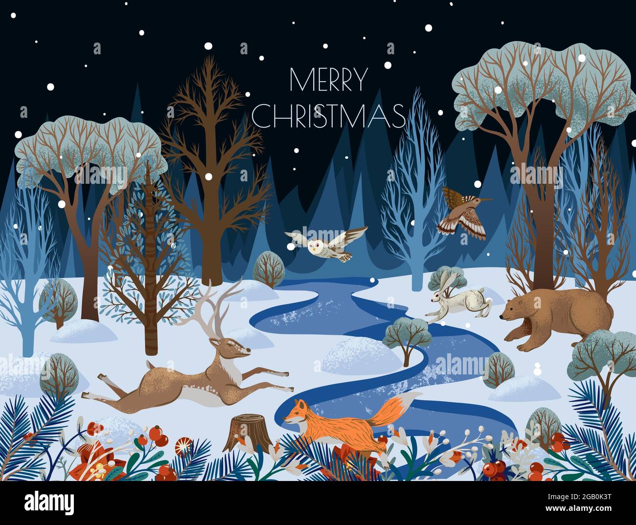 Grußkarte oder Poster mit Bäumen und Tieren. Vektorurlaub Hintergrund zum Drucken. Stock Vektor