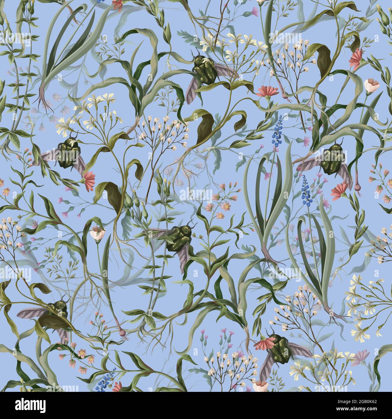 Nahtloses Muster mit wilden dünnen Blüten und Insekten. Trendiger botanischer Druck. Stock Vektor