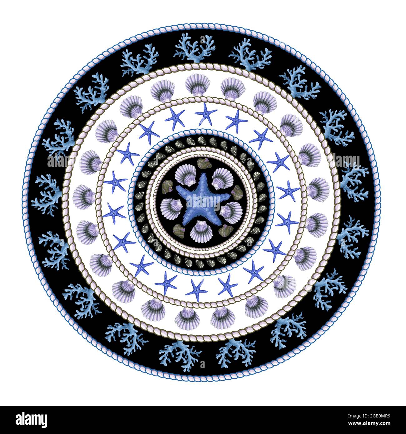 Design Rundschal mit Seesternen, Muscheln und Seil. Vektor-Trenddruck. Stock Vektor
