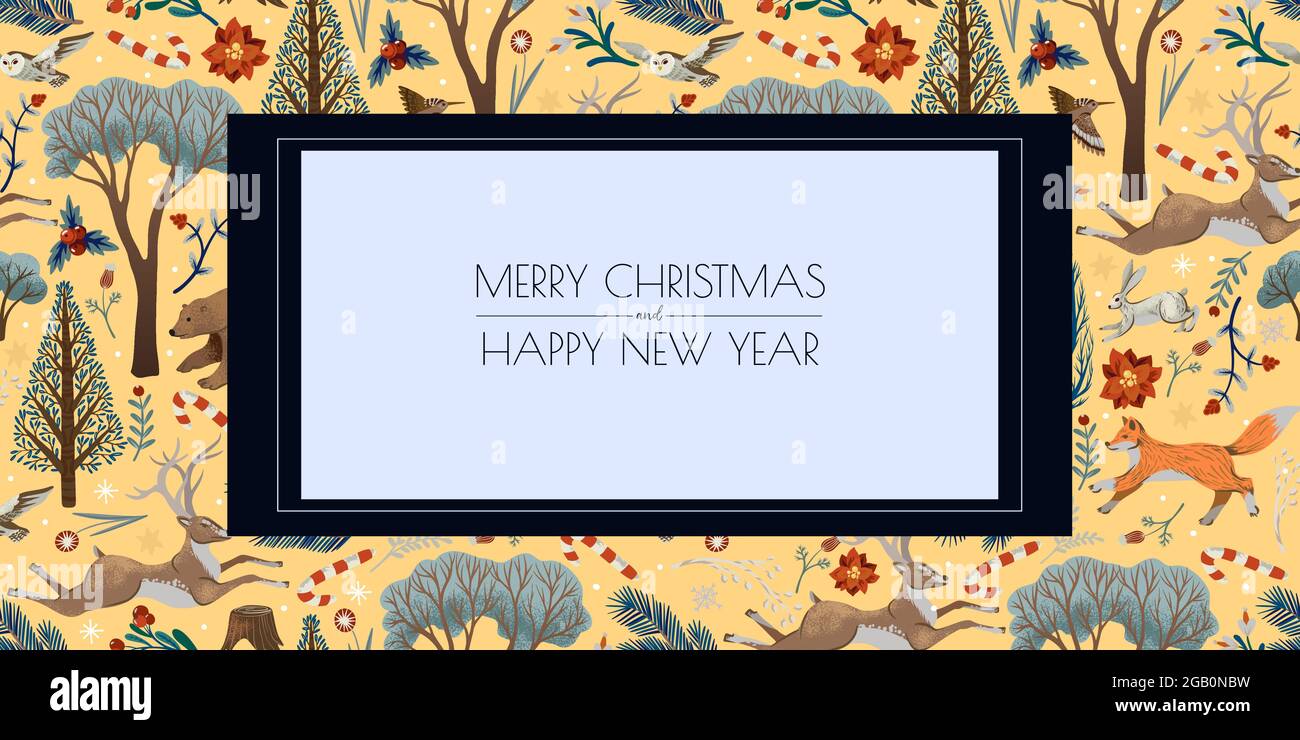 Grußkarte oder Poster mit Bäumen und Tieren. Vektorurlaub Hintergrund zum Drucken. Stock Vektor