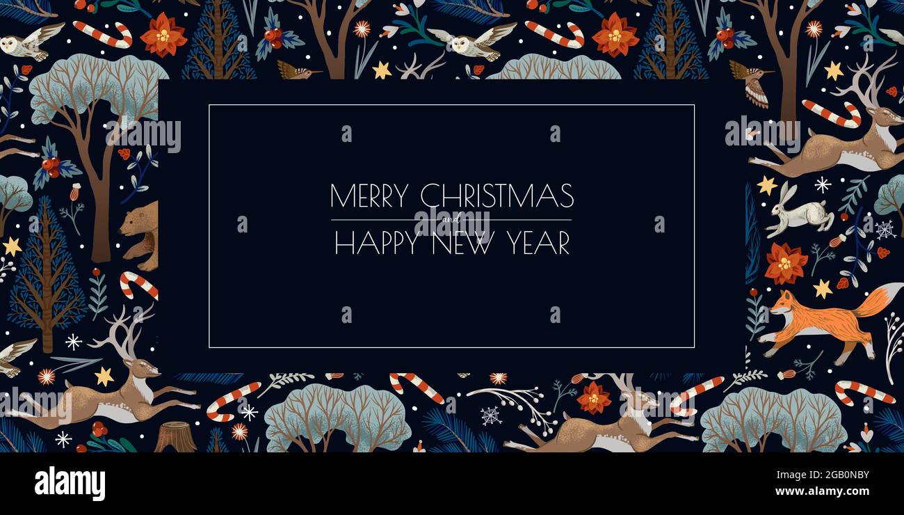 Grußkarte oder Poster mit Bäumen und Tieren. Vektorurlaub Hintergrund zum Drucken. Stock Vektor