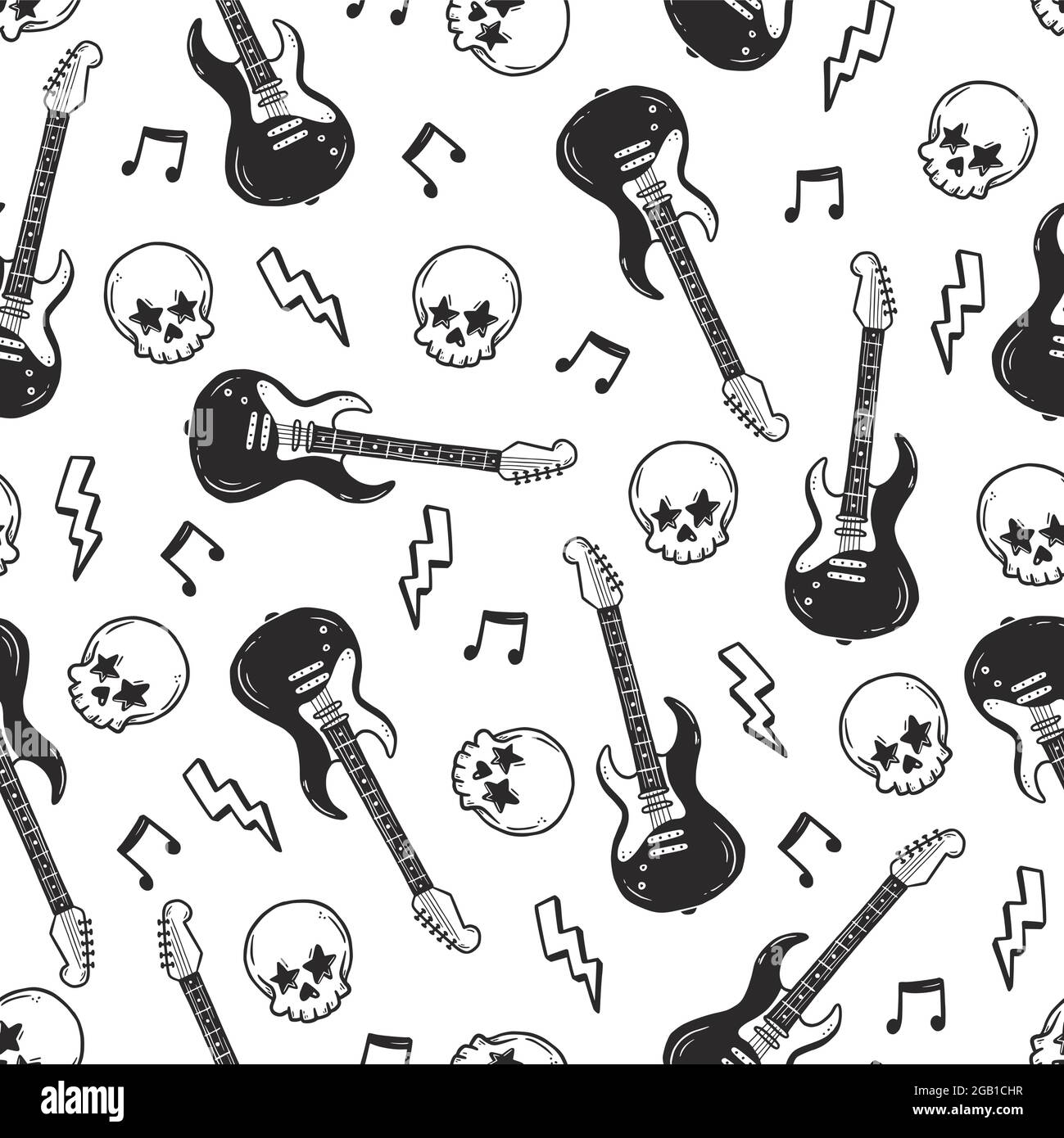 Rock N Roll Punk Musik Nahtloses Muster Graffiti Tattoo Handgezeichnetes Stilelement Totenkopf Gitarre Note Grunge Rock Vektor Illustration Stock Vektorgrafik Alamy