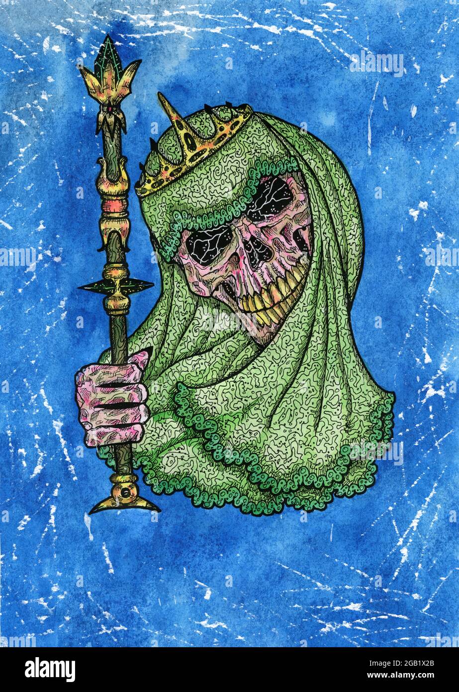 Grunge Aquarell Illustration von gruseligen Schädel als Königin mit Krone hält Zauberstab. Mystische Zeichnung für Halloween mit esoterischer, gotischer, okkulter Co Stockfoto