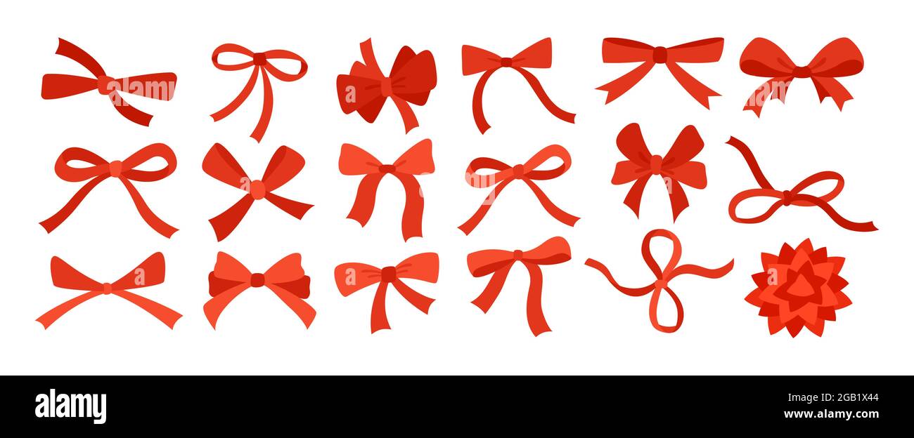 Schleife Band rot Cartoon flach set. Festliche Dekoration, Verpackung, Einladung Elemente zum Verkauf einkaufen Geburtstagsfeier, Valentinstag oder Hochzeit Design. Überraschungssymbol zum Jahrestag des Feiertags Stock Vektor