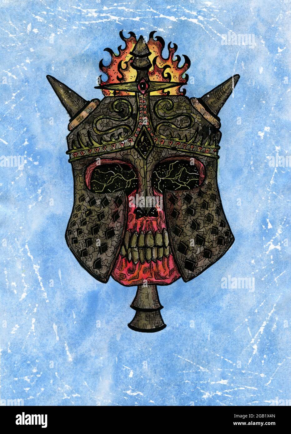 Grunge Aquarell Illustration von gruseligen Schädel als Ritter in Helm auf blauem Hintergrund. Mystische Zeichnung für Halloween mit esoterischer, gotischer, okkulter Stockfoto