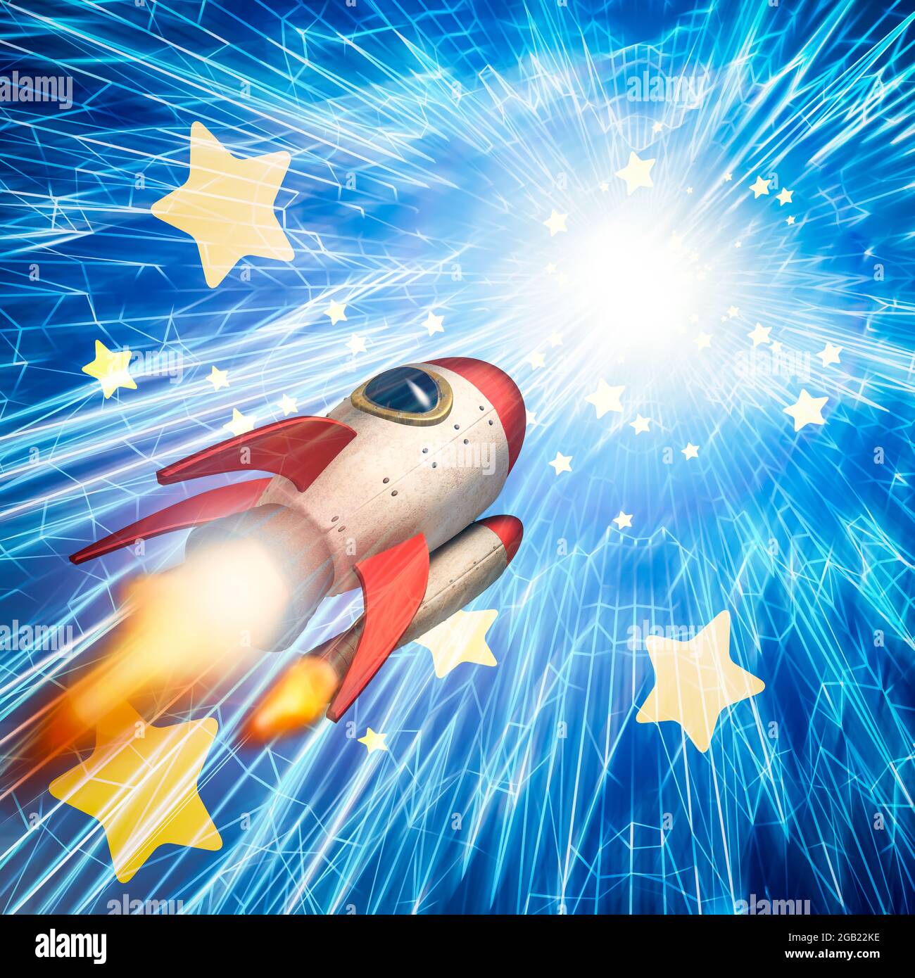 3D-Rendering einer Rakete reist mit Lichtgeschwindigkeit durch die Sterne Stockfoto