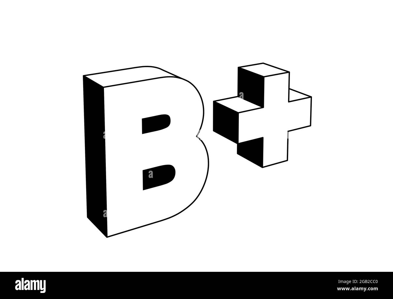 b plus Brief, Schuleinstufungssystem basierend auf Alphabetschriebbuchstaben, schwarz-weiße 3d-Illustration, Icon-Stil Stockfoto