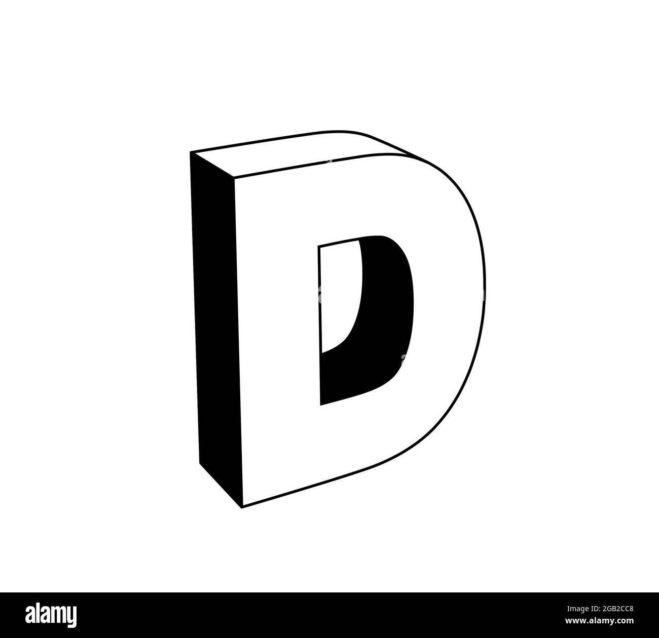 Buchstabe d, schwarz-weiße 3D-Illustration isoliert auf weißem Hintergrund. Perspektivische Ansicht Stockfoto