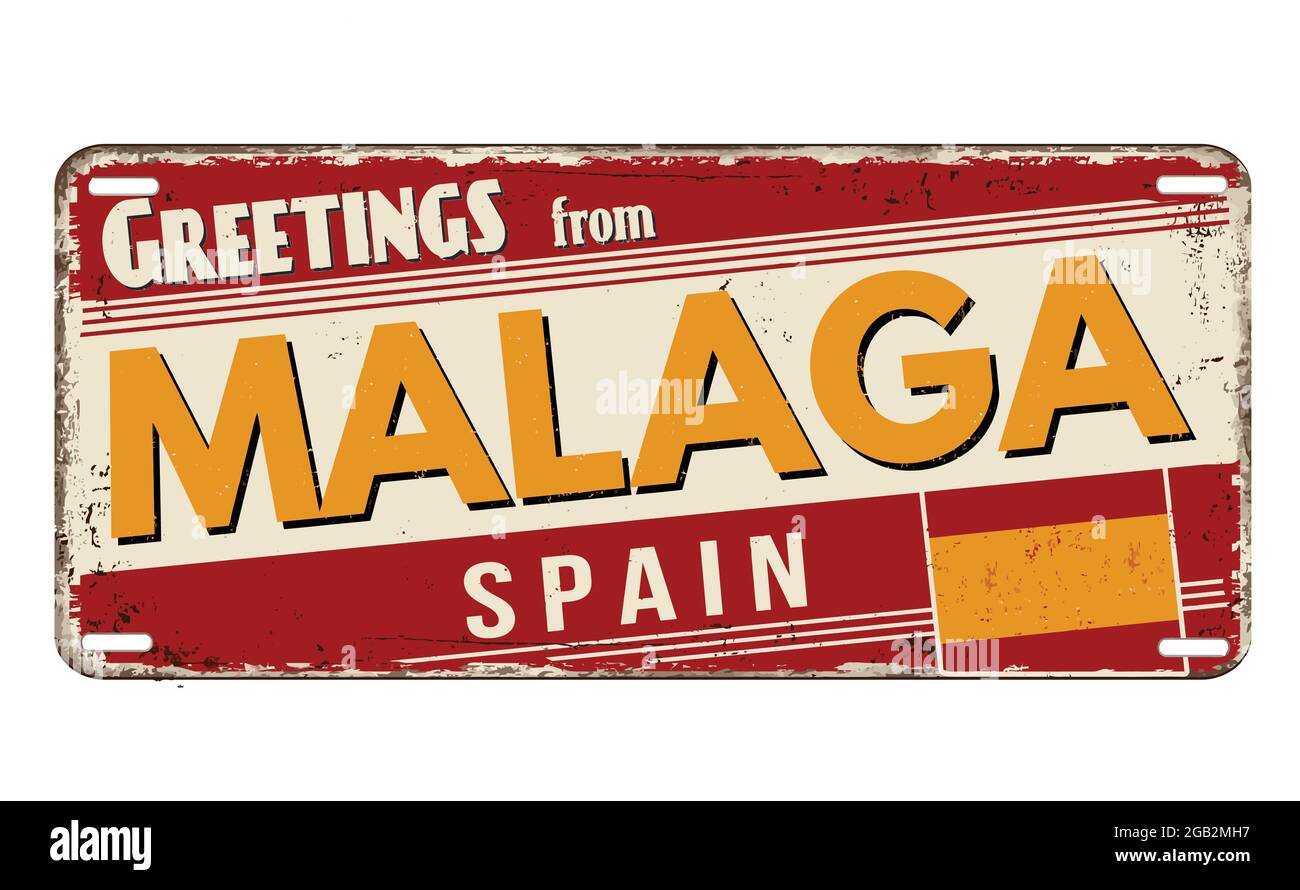 Grüße aus Malaga vintage rostigen Metallplatte auf weißem Hintergrund, Vektor-Illustration Stock Vektor