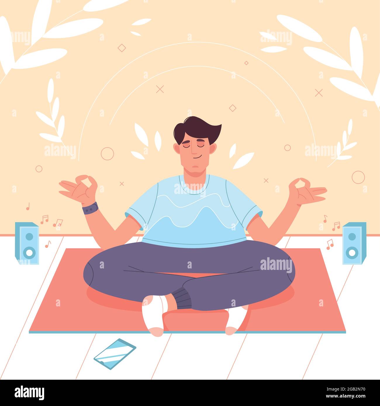 Ruhiger Mann mit gekreuzten Beinen in Lotusposition, der Yoga-Meditation, Achtsamkeitspraxis, spirituelle Disziplin macht. Flache glückliche Person, die Übung übt, zu Hause auf der Fitnessmatte in Asanahaltung sitzt. Stock Vektor