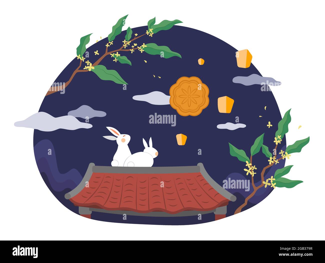Design des Herbstfestes. Flache Illustration von Mondkaninchen, die auf dem chinesischen Ziegeldach sitzen und nachts Mond- und Himmelslaternen beobachten Stock Vektor