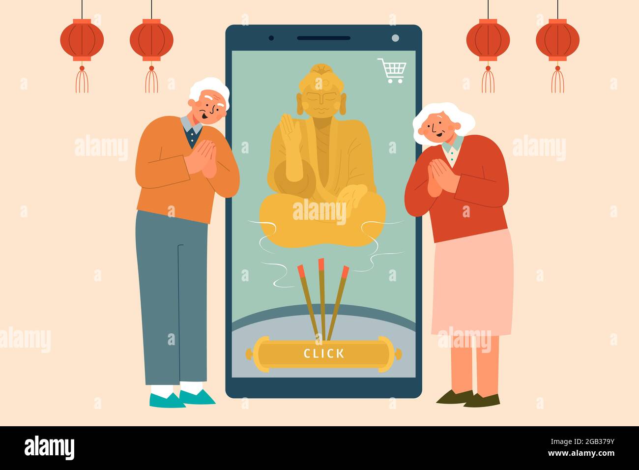 Flache Abbildung von älteren Menschen, die neben einem Mobiltelefon mit der Online-App für Gottesdienste stehen Stock Vektor