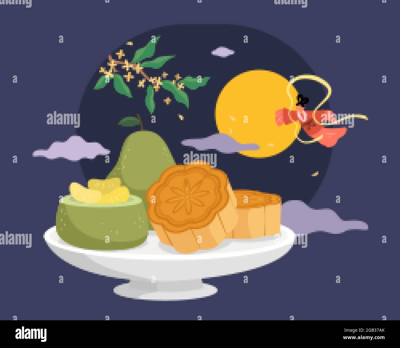 Essen im Herbst. Flache Illustration von traditionellen chinesischen Mondkuchen und geschnittenen Pomelo, die nachts auf einem Teller serviert werden und Chang'e durchfliegt Stock Vektor