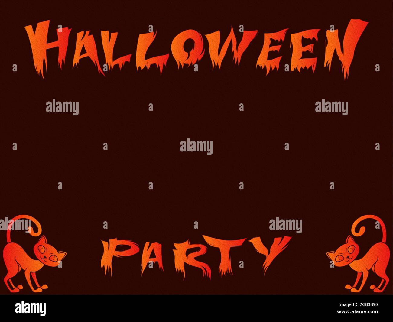 Einladend zur Halloween Party mit leuchtend orangenen Schriftzügen und Katzen auf dem dunklen Hintergrund, Illustration Handzeichnung Stockfoto