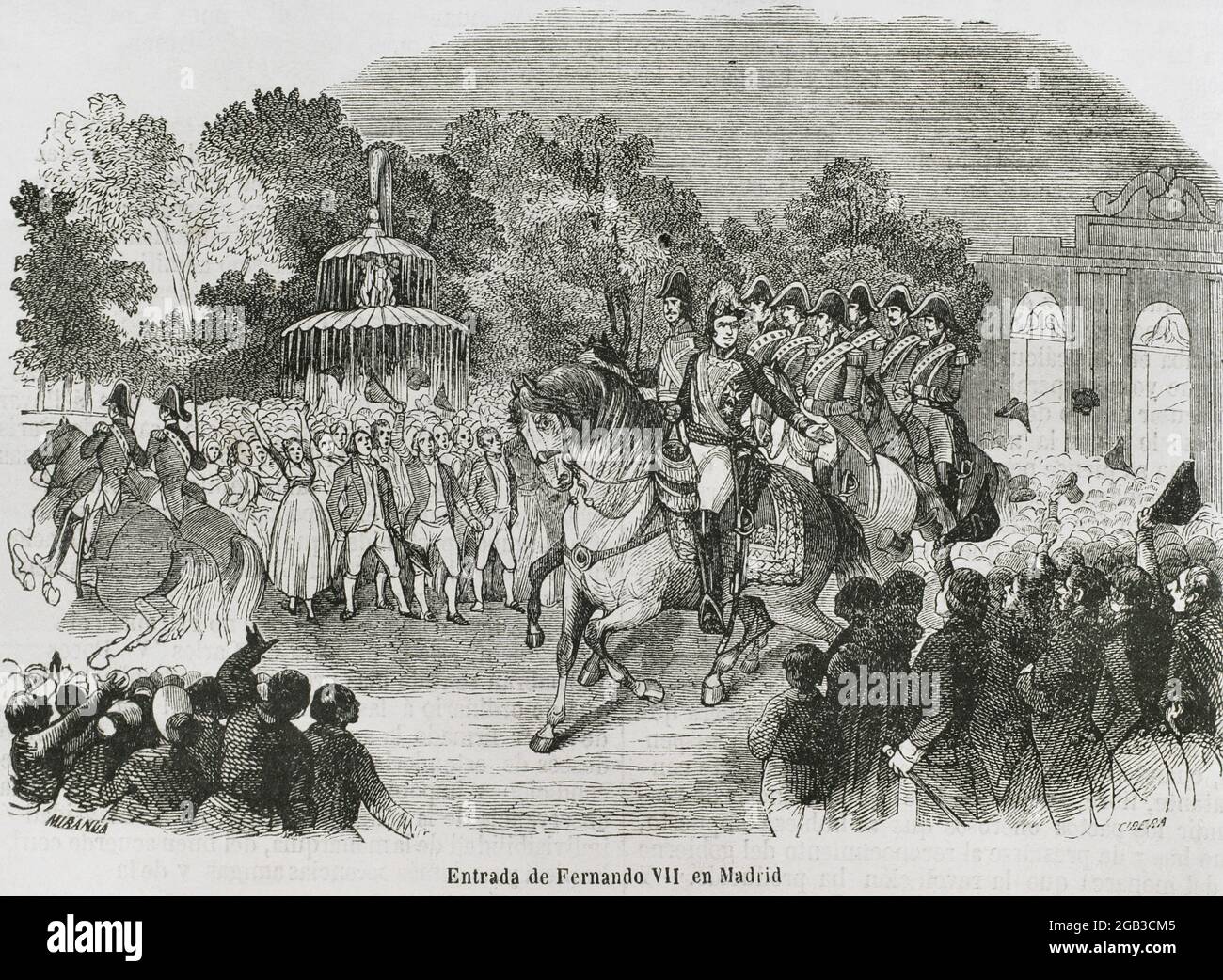 Ferdinand VII. (1784-1833). König von Spanien (1808-1833). Triumenter Einzug Ferdinands VII. Als König von Spanien in Madrid, 24. März 1808. Illustration von Miranda. Stich von Cibera. Historia General de España von Pater Mariana. Madrid, 1853. Autor: Miranda. Ildefonso Cibera. Spanischer Illustrator und Xylograph der zweiten Hälfte des 19. Jahrhunderts. Stockfoto