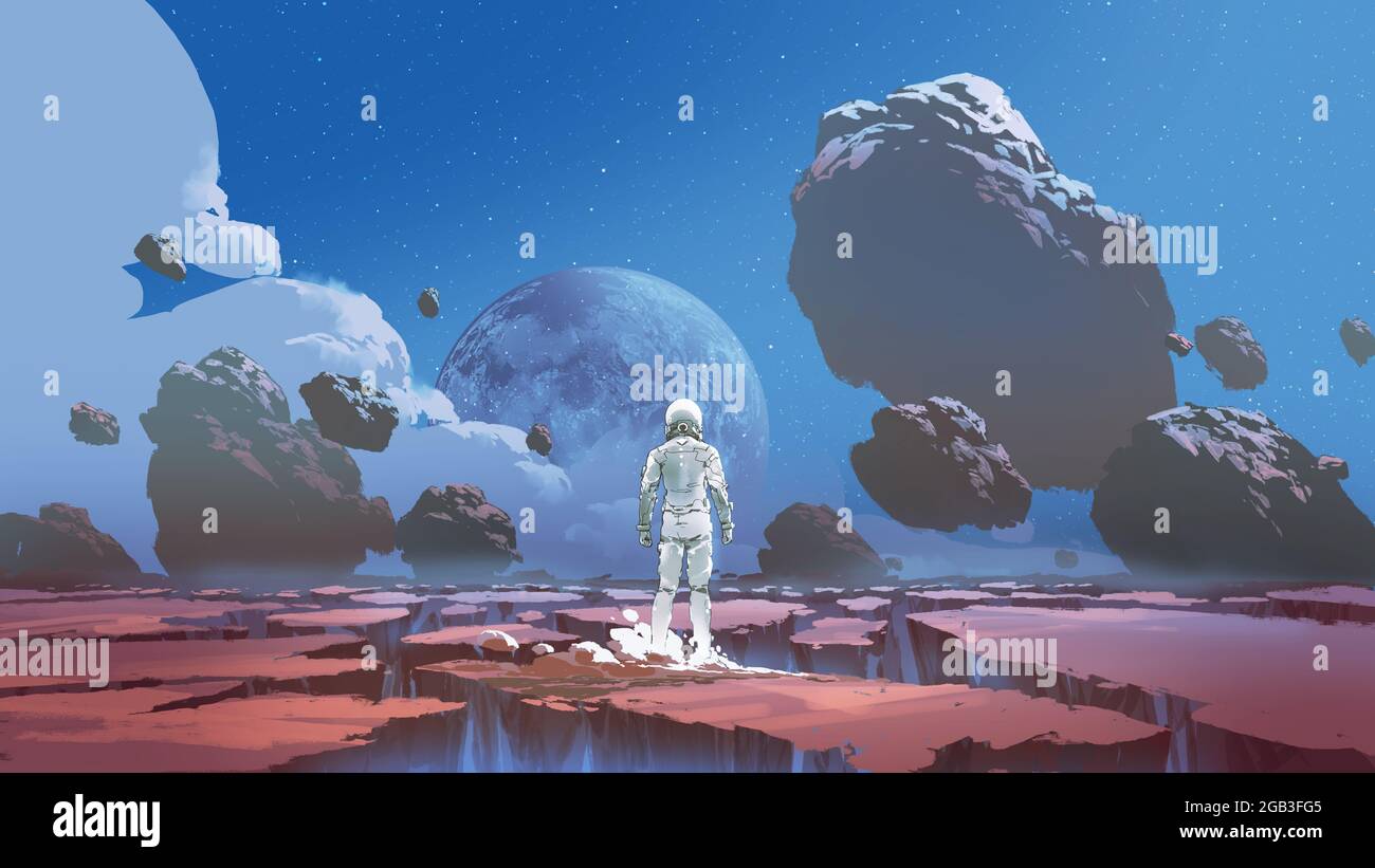 Ein Raumfahrer, der allein auf einem einsamen Planeten steht, digitaler Kunststil, Illustrationsmalerei Stockfoto