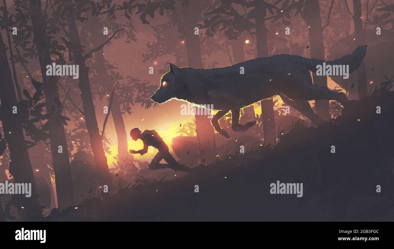 Ein Mann, der mit seinem legendären Wolf, seinem digitalen Kunststil und seiner Illustrationsmalerei im Wald herumläuft Stockfoto