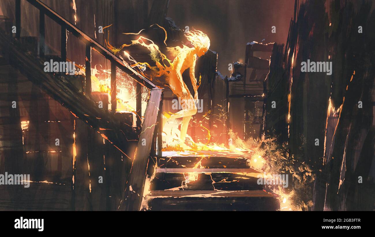 Der Feuermensch, der die Treppe hinunter in ein verlassenes Haus geht, digitaler Kunststil, Illustrationsmalerei Stockfoto