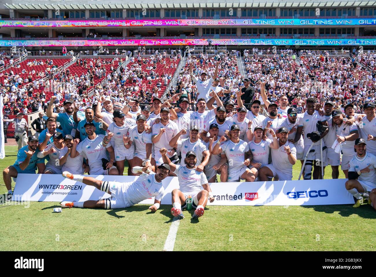 Die LA Giltinis feiern nach dem Gewinn des MLR-Meisterschaftsspiel gegen Rugby ATL am Sonntag, den 1. August 2021 in Los Angeles, CA. Die Giltinis schlagen Stockfoto