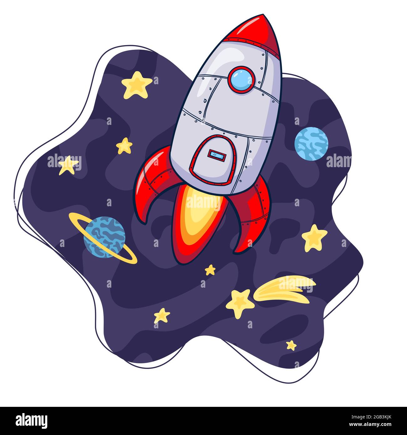 Rakete im Weltraum Cartoon Illustration. Cartoon Rocket Illustration. Symbol des handgezeichneten Raumschiffs. Raketenstartskizze geeignet für Logo, Geschäftsprodukt, Web Landing Page, Banner, Flyer, Aufkleber, Karte Stock Vektor