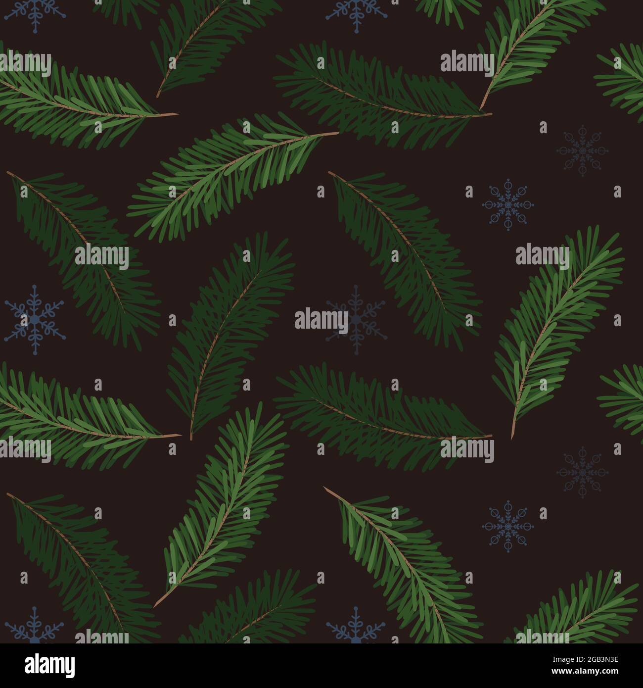 Weihnachtliches nahtloses Muster mit Kiefernzweigen und Schneeflocken. Niedliches Vektormuster Stock Vektor