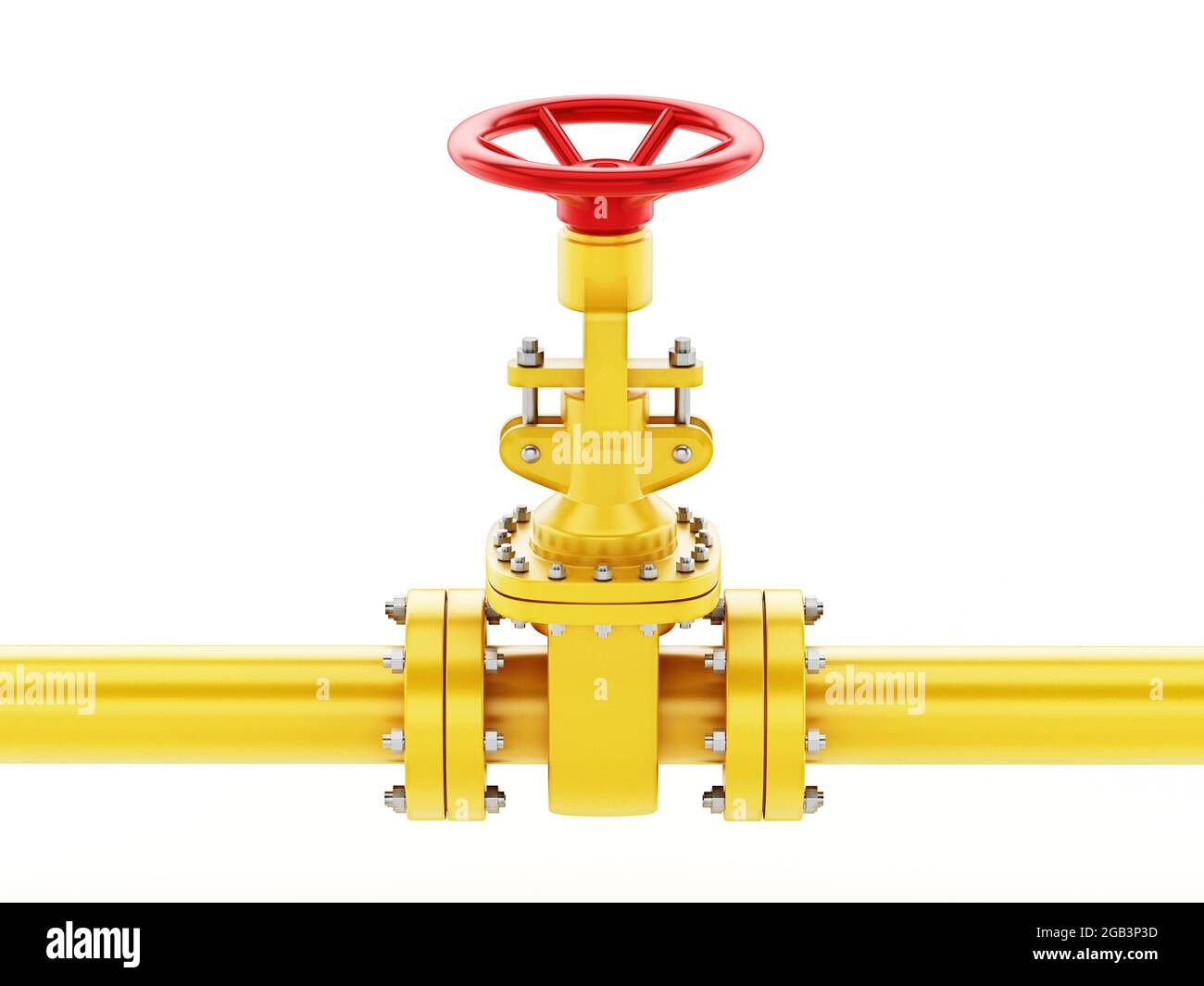 Gelbe Ölleitung mit isoliertem Ventil auf weißem Hintergrund. 3D-Illustration. Stockfoto